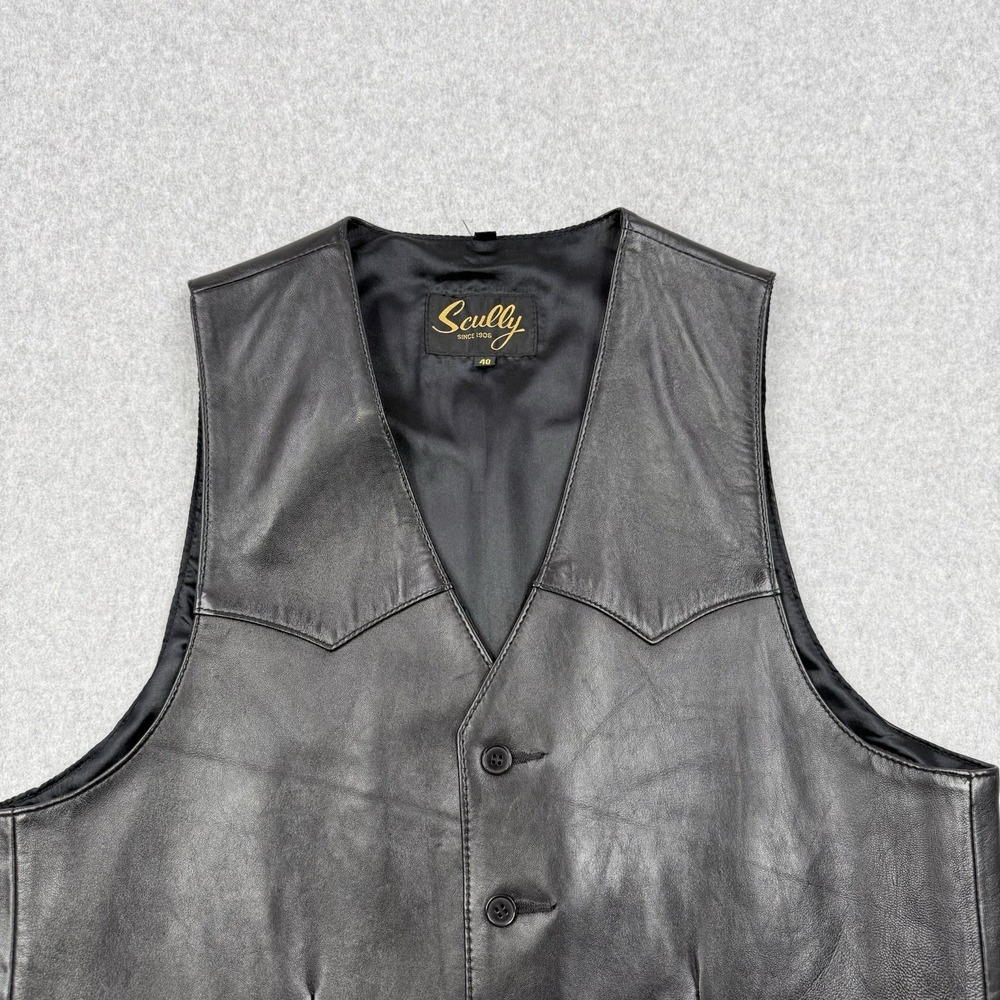 Scully Vest Mens 40 Black Genuine Leather Pockets Western Cowboy Lined Button Up - Picture 2 of 9